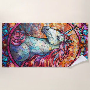 Colourful Stained Glass Unicorn Beach Towel