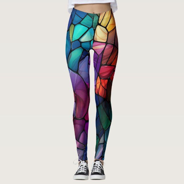 Colourful Stained Glass, Vivid, Flashy Leggings (Front)