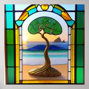 Colourful Stained Glass Window Nature Scene Poster