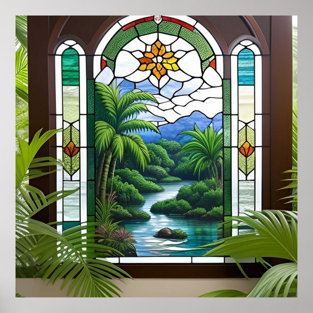 Colourful Stained Glass Window Nature Scene Poster (Front)