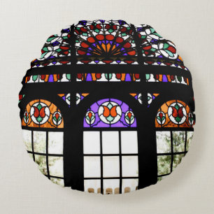 Colourful Stained Glass Window Round Cushion