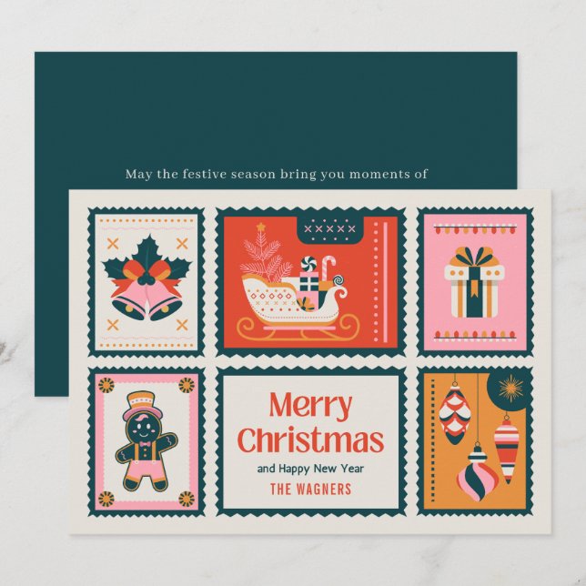 Colourful Stamps Merry Christmas Greeting   Holiday Card (Front/Back)