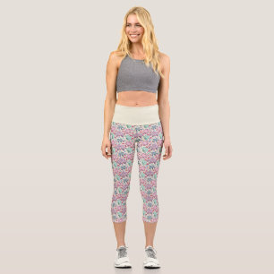 Colourful Star and Floral Seamless Pattern on Blac Capri Leggings