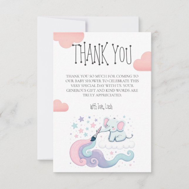 Colourful Star On Cloud 9 Elephant Baby Shower Thank You Card (Front)