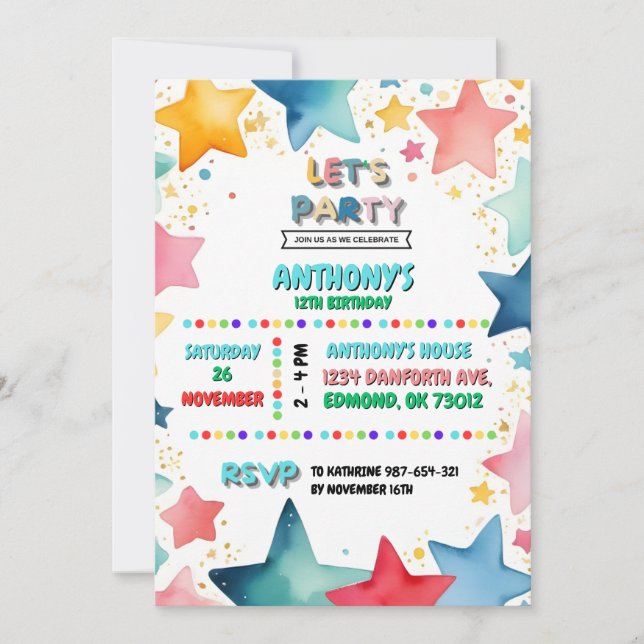 Colourful Star Theme 12th Birthday for Kids Invitation (Front)
