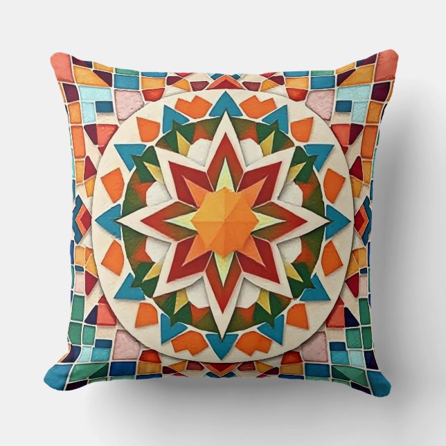 Colourful Starburst Mosaic Throw Pillow (Front)