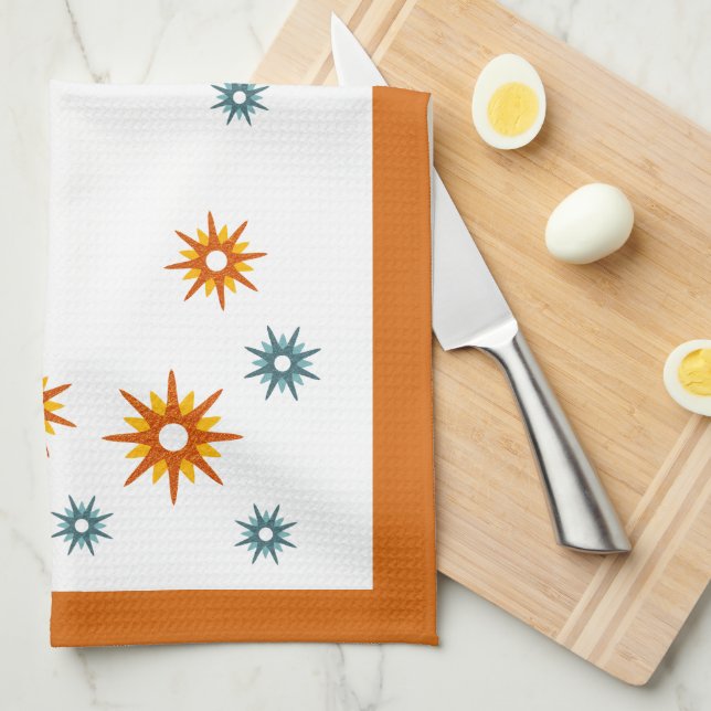 Colourful Starbursts Mid-Century Modern Design Tea Towel (Quarter Fold)