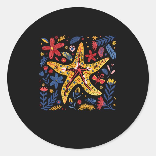 Colourful Starfish Illustration Surrounded  Classic Round Sticker (Front)