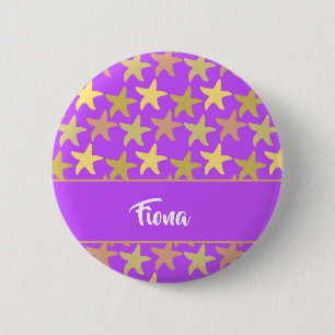 Colourful starfish on purple 6 cm round badge