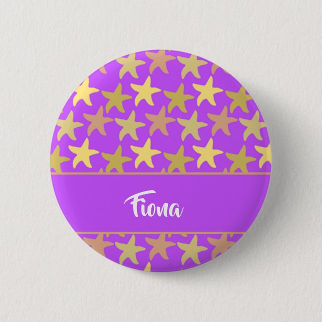 Colourful starfish on purple 6 cm round badge (Front)