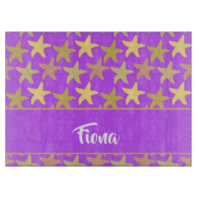 Colourful starfish on purple cutting board (Front)