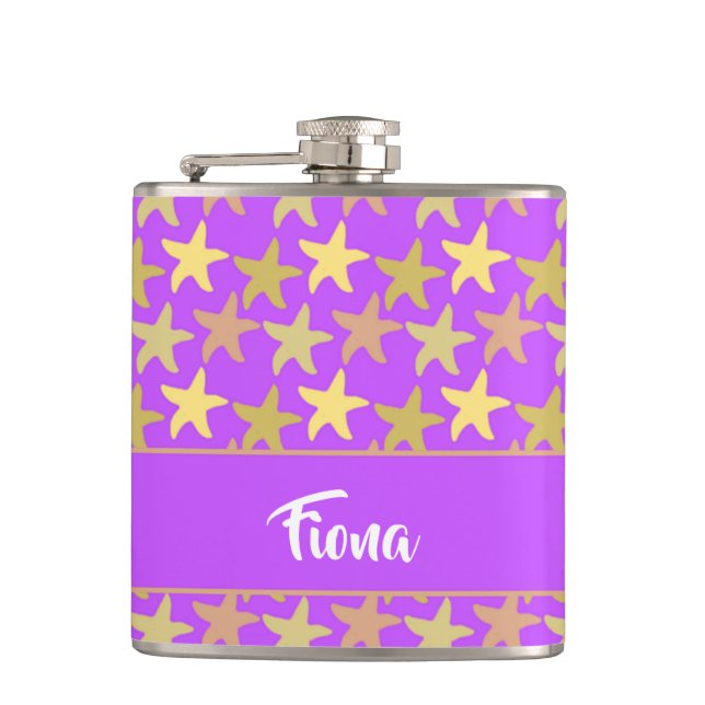 Colourful starfish on purple hip flask (Front)