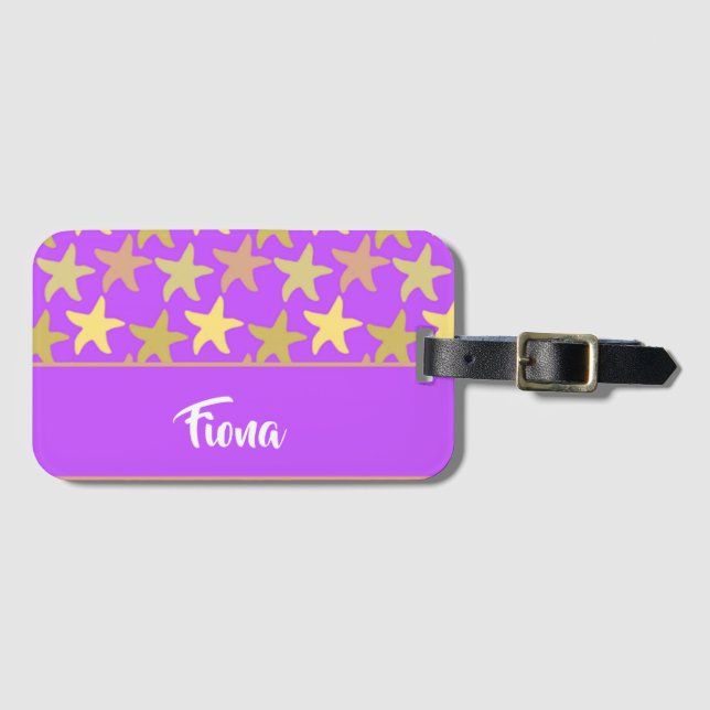 Colourful starfish on purple luggage tag (Front Horizontal)