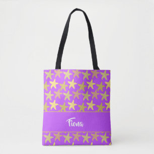 Colourful starfish on purple tote bag