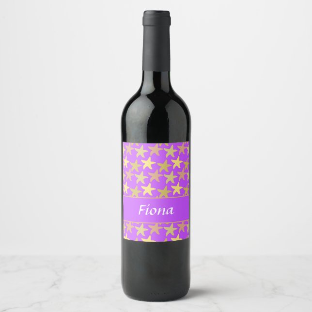 Colourful starfishes on purple wine label (Front)