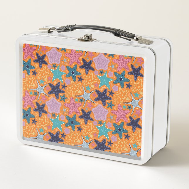  Colourful Starfishes with orange colour backgroun Metal Lunch Box (Front)