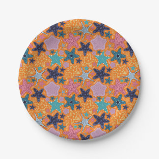 Colourful Starfishes with orange colour background Paper Plate