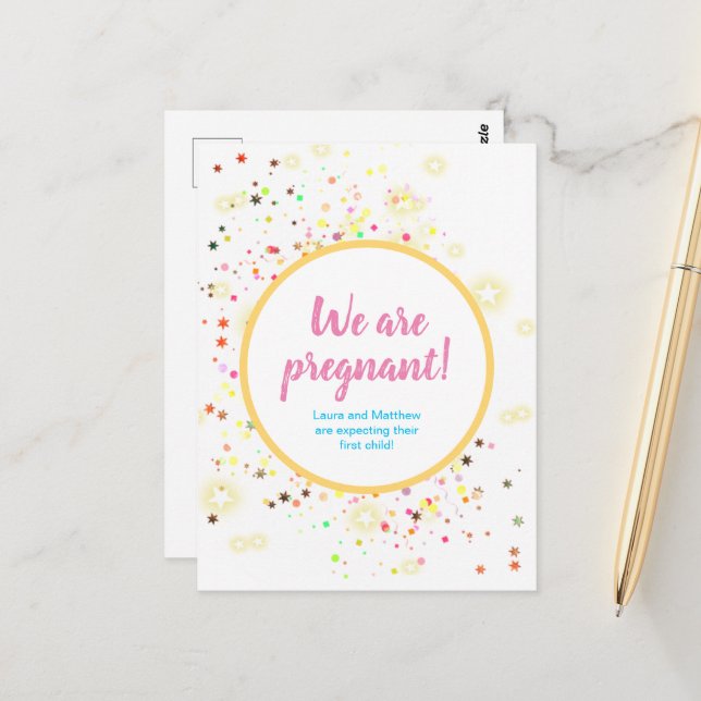 Colourful Stars and Confetti Pregnancy Announcemen Postcard (Front/Back In Situ)