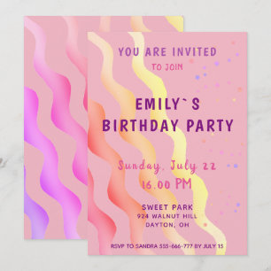 Colourful Stars and Waves Girl Pink Birthday Party Invitation