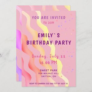 Colourful Stars and Waves Girl Pink Birthday Party Invitation