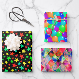 Colourful Stars Balloons Argyle Happy Joyful Fun Wrapping Paper Sheet