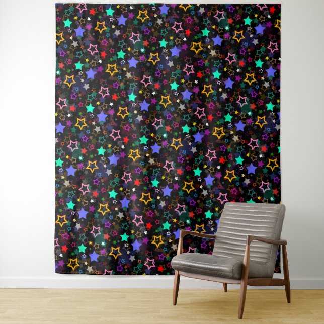 Colourful Stars Black  Tapestry (In Situ)