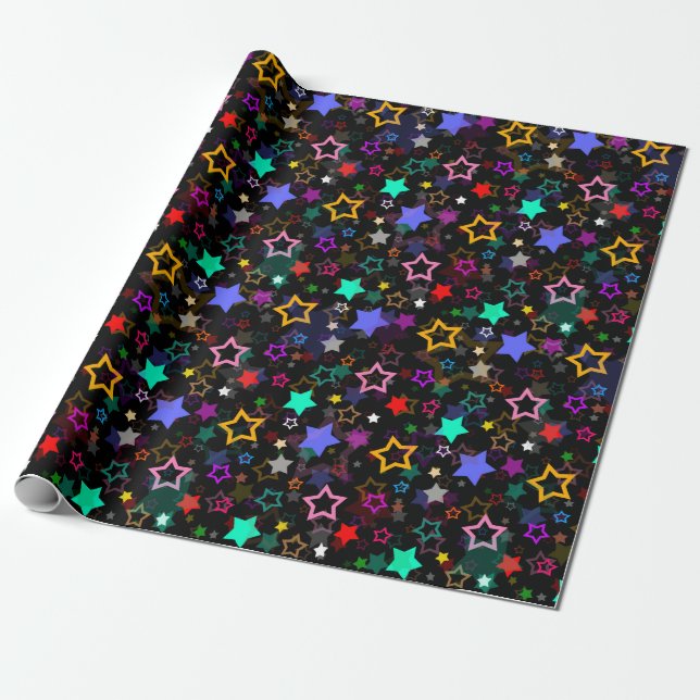 Colourful Stars Black  Wrapping Paper (Unrolled)