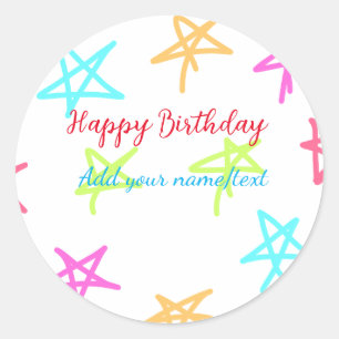 Colourful stars happy birthday add name text simpl classic round sticker