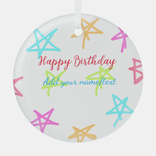 Colourful stars happy birthday add name text simpl glass tree decoration