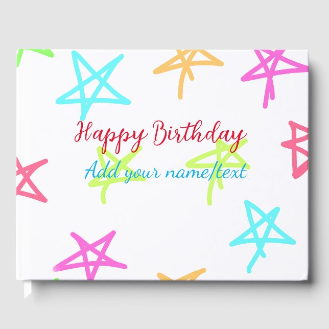 Colourful stars happy birthday add name text simpl guest book (Front)