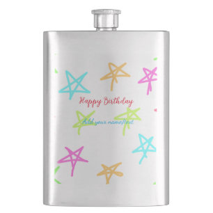 Colourful stars happy birthday add name text simpl hip flask