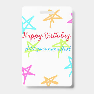 Colourful stars happy birthday add name text simpl ID badge