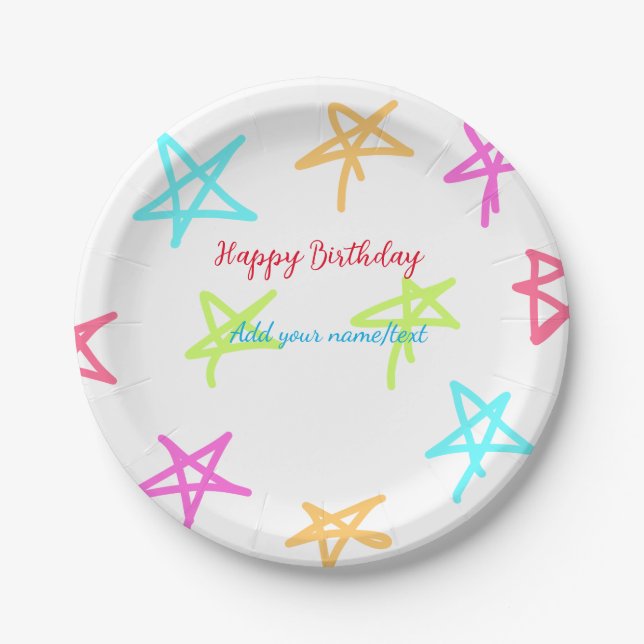 Colourful stars happy birthday add name text simpl paper plate (Front)