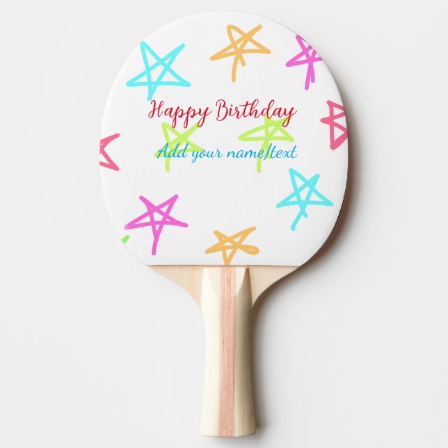 Colourful stars happy birthday add name text simpl ping pong paddle (Front)