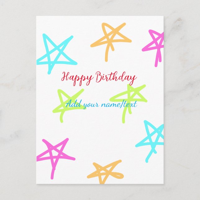 Colourful stars happy birthday add name text simpl postcard (Front)