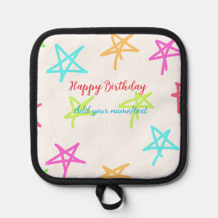 Colourful stars happy birthday add name text simpl pot holder