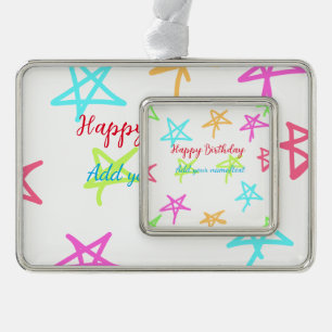 Colourful stars happy birthday add name text simpl silver plated framed ornament