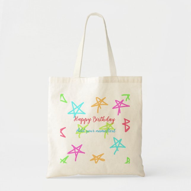 Colourful stars happy birthday add name text simpl tote bag (Front)