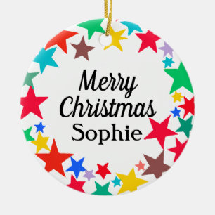 Colourful Stars Merry Christmas Personalised Name Ceramic Tree Decoration