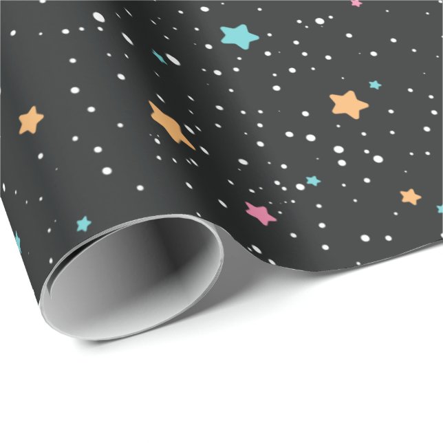 Colourful Stars on Black Wrapping Paper (Roll Corner)