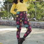 Colourful Stars on Dark Purple Patterned Leggings<br><div class="desc">Bright and bold painted style illustrations of stars in lilac purple,  bright turquoise blue,  yellow,  magenta pink and orange are set against a dark purple background on these patterned leggings.</div>