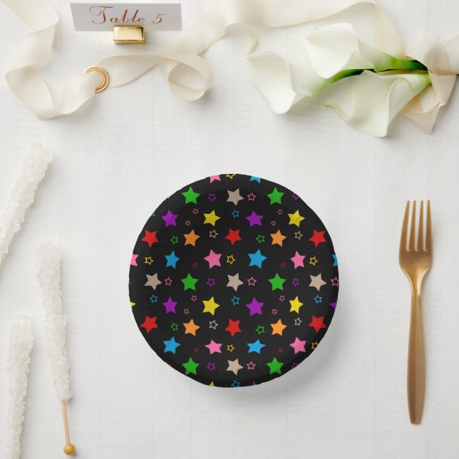 Colourful Stars Pattern Design Black  Paper Plate (Wedding)