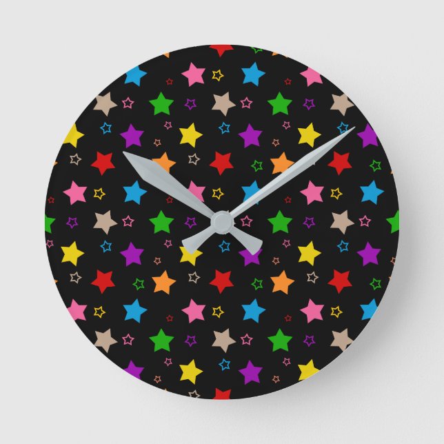 Colourful Stars Pattern Design Black  Round Clock (Front)