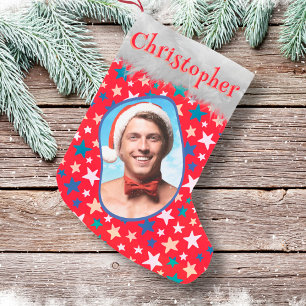 Colourful Stars Photo Name Festive Fun Cool Red Small Christmas Stocking