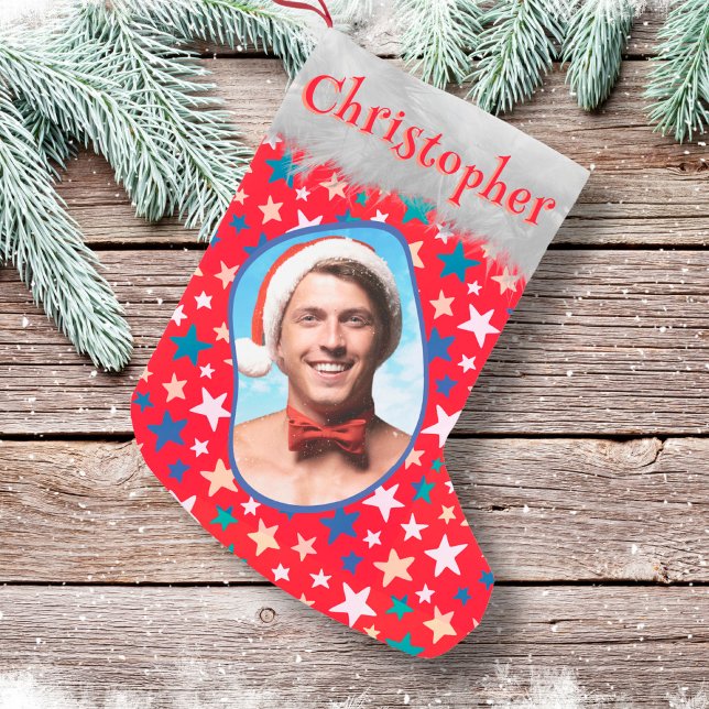 Colourful Stars Photo Name Festive Fun Cool Red Small Christmas Stocking (Creator Uploaded)
