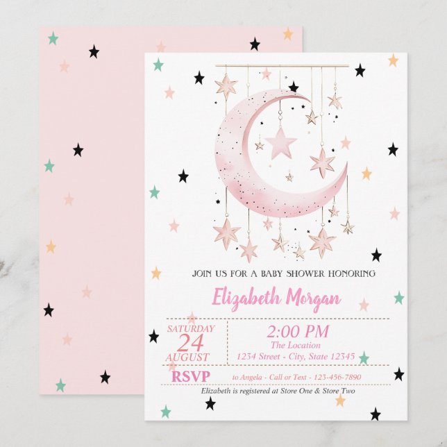 Colourful Stars Pink Moon Baby Shower   Invitation (Front/Back)