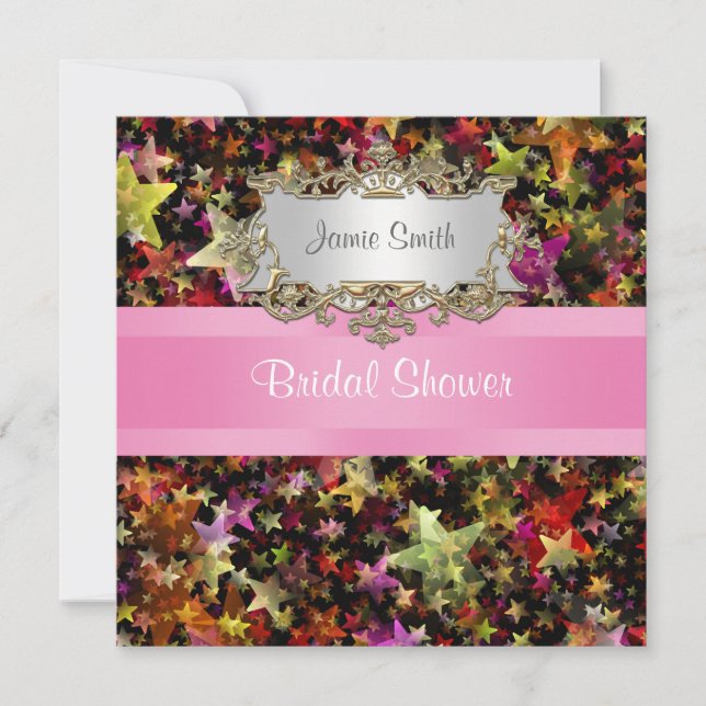 Colourful Stars Pink Ribbon  Bridal Shower Invite (Front)
