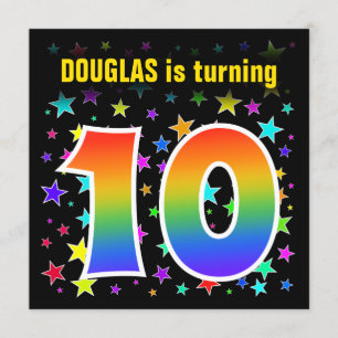 Colourful Stars + Rainbow Pattern "10" Birthday # Invitation
