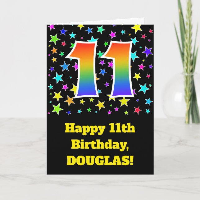 Colourful Stars + Rainbow Pattern "11" Birthday # Card (Front)