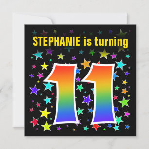 Colourful Stars + Rainbow Pattern "11" Birthday # Invitation